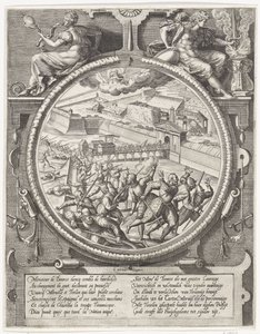 1577 年，博斯的部队将特雷斯隆和梅尔维尔的德国士兵驱逐出城堡
描绘 1577 年攻占安特卫普城堡的奖章（系列标题） 作者 维里克斯