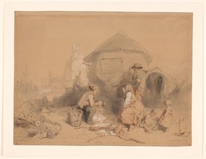在改建成住房的船只附近的海滩上交谈 作者 Wijnand Nuijen（艺术家签名）