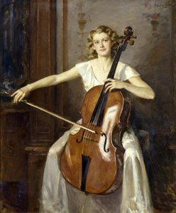 弗洛伦斯-胡顿（Florence Hooton）拉大提琴的肖像。作者：Wilfred de Glehn