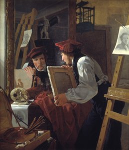 一位年轻的艺术家（迪特勒夫-布伦克）在镜子中审视素描作品