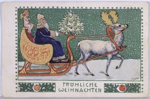 描绘父亲圣诞节的明信片在他的雪橇上，c.1910