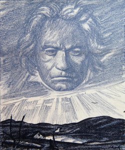 向天才贝多芬致敬》，《Simplicissimus》杂志插图，1920 年，慕尼黑（平版）。