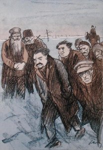 西伯利亚的列昂·托洛茨基（Leon Trotsky，1879-1940 年）的漫画，来自“Simplicissimus”杂志，1928 年 1 月（彩色平版印刷）