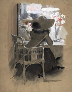 坐在桌前的女子肖像》，约 1896 年（水彩、白色和红色钢笔画、石墨） 作者 威尔霍顿