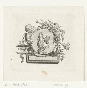 荷马半身像，雕刻在天使手持的徽章上，徽章上饰有鲜花和棕榈枝 作者 威廉·比尔德戴克