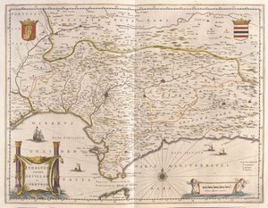 安达卢西亚和塞维利亚城、直布罗陀海峡，载于威廉-布劳的 "Theatrum Orbis Terrarum, sive Atlas Novus"，阿姆斯特丹