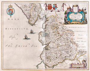 兰开斯特和兰开斯特郡，载于威廉-布劳（Willem Blaeu）撰写的 "Theatrum Orbis Terrarum, sive Atlas Novus"，阿姆斯特丹 作者 威廉·布劳