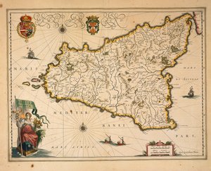 西西里岛地图，Willem Blaeu绘制，来自Regionum Italiae，雕刻版。