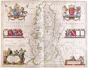 诺丁汉郡，载于威廉-布劳（Willem Blaeu）在阿姆斯特丹绘制的 "Theatrum Orbis Terrarum, sive Atlas Novus"。 作者 威廉·布劳