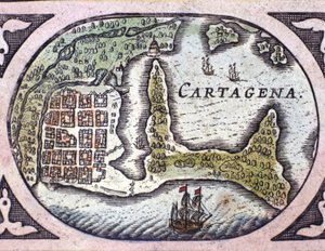 哥伦比亚（南美洲）卡塔赫纳的景色。Willem Janszoon Blaeu (1571-1638)绘制的地图集 "Le Theatre du Monde "的细节。 作者 威廉·布劳