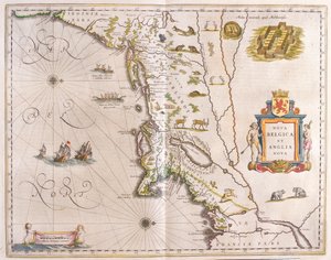 阿姆斯特丹 Willem Blaeu 绘制的 "Theatrum Orbis Terrarum, sive Atlas Novus "中的美国东北海岸线。 作者 威廉·布劳