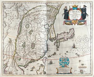 布劳绘制的第一幅中国地图，载于威廉-布劳绘制的 "Theatrum Orbis Terrarum, sive Atlas Novus"，阿姆斯特丹 作者 威廉·布劳