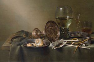 有玻璃杯和烟草的静物 作者 威廉·克拉斯（Willem Claesz）。赫达