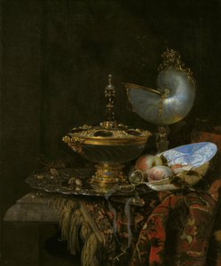 带荷尔拜因碗、鹦鹉螺杯、玻璃高脚杯和果盘的高脚杯静物画 作者 威廉·卡尔夫