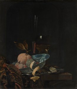 有水果、玻璃器皿和万利碗的静物，1659年。 作者 威廉·卡尔夫
