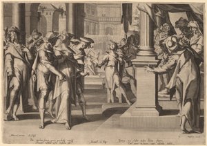 苏珊娜在丹尼尔面前 作者 Willem Swanenburgh，根据 Joachim Anthonisz Wtewael