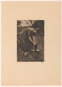 农民的妻子在桶里洗纺织品 作者 Willem Witsen（艺术家签名）