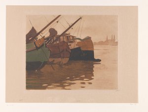 IJ 中的泥炭船 驳船进入 IJ 与三座塔（原标题） 五驳船（原名） 作者 Willem Witsen（艺术家签名）
