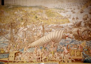 皇帝查理五世征服突尼斯：1535 年戈莱特的所在地。威廉-德-潘尼马克（Willem de Pannemaker，活跃于 1535-1554 年左右）1554 年塞维利亚阿尔卡萨挂毯的细节