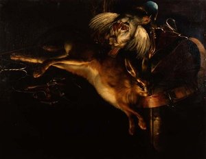 悬挂在大理石壁架上的野兔、鹧鸪和狩猎设备的静物画 作者 威廉·范·阿尔斯特