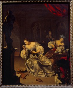 荷兰贵族的妇女在喝茶。威廉-凡-米里斯（1662-1747）（ec.holl.）的画作 18世纪的太阳。0,42x0,34米