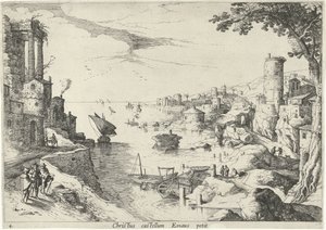 以马忤斯的门徒风景画
Christus castellum Emaus petit（物品上的标题）
带有圣经场景的意大利风景画（系列名称） 作者 威廉·范尼兰特 (II)