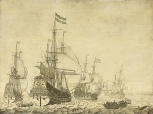 与荷兰战争包括德伦特和弗雷德里克 - 亨利王子的海景，1670年（在小组上绘画） 作者 威廉·范德维尔德