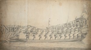 格拉夫顿号 "肖像，三等船，建于 1679 年，重建于 1700 年，约 1680 年（石墨，灰水彩）