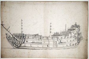 凯旋号"（或 "圣乔治号"）的肖像，该船有 70 门大炮，建于 1623 年，船头的人物代表海神和两只海马，有三层完整的甲板