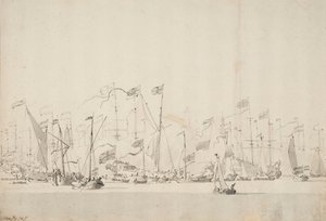 1660 年 6 月 5/15 日，约 1675 年（钢笔、水彩），阿姆斯特丹 Y 河上为奥兰治亲王举行的盛会