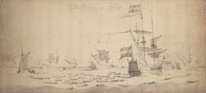 微风中卧倒的荷兰舰队：战争会议，约 1665 年（石墨，灰水彩） 作者 威廉·范·德·维尔德·韦尔德