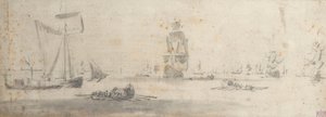 轻风中的加略号和几艘驳船，约 1681 年（石墨，灰水彩） 作者 威廉·范·德·维尔德·韦尔德