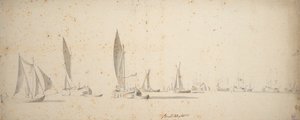 微风中的吃水船、wijdschips 和 waterschips，约 1664 年（石墨、灰水彩画） 作者 威廉·范·德·维尔德·韦尔德