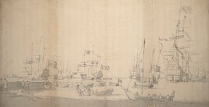 约 1672 年，在拥挤的港口拖上岸的魏斯基特人（石墨）。 作者 威廉·范·德·维尔德·韦尔德