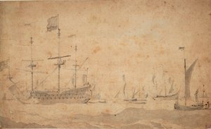 一艘起锚的英国旗舰，可能于 1673 年 6 月，约 1673 年（灰水印） 作者 威廉·范·德·维尔德·韦尔德