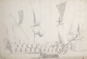 轻风中的英国四流选手，约 1681 年（石墨、灰水彩） 作者 威廉·范·德·维尔德·韦尔德