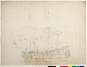 一艘英国三流 60 炮舰，从左舷船首近处看，约 1673 年（胶印）