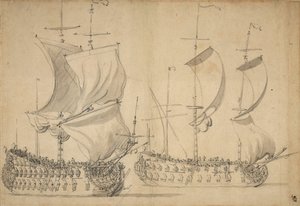 轻松航行中的英国三等舱和四等舱，约 1677 年（铅笔、水彩） 作者 威廉·范·德·维尔德·韦尔德