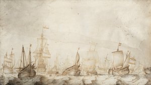 北海的荷兰鲱鱼渔船。水墨画（27.4x47.6 厘米），老威廉-凡-德-维尔德（William van de Velde the Elder，约 1611-1693 年）作，约 1650 年。 作者 威廉·范·德·维尔德·韦尔德