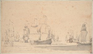1673 年 6 月，微风中的英国船只，一艘凯奇艇和一艘加里奥特艇，约 1673 年（铅笔、水彩、钢笔、棕色墨水） 作者 威廉·范·德·维尔德·韦尔德