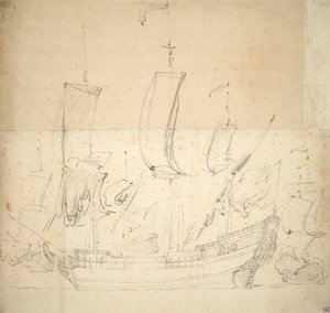 乔治 "号的肖像？1672 年购买的消防船，6 门炮，1674 年因地基问题沉没，约 1673 年（胶印，黑色粉笔画） 作者 威廉·范·德·维尔德·韦尔德
