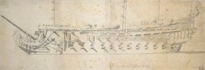 皇家泰雷兹 "号（？）的肖像，这艘装有 70 至 80 门火炮的船于 1670 年作为 "巴黎 "号建造，1671 年改名，1690 年报废。 作者 威廉·范·德·维尔德·韦尔德