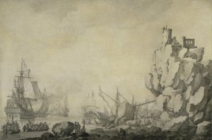 约1680年，在多岩石的海岸上航行的民兵（用钢笔和墨水在准备好的画布上）