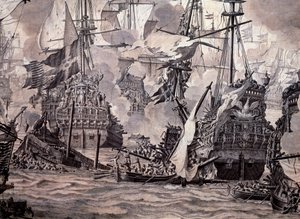 荷兰和瑞典舰队之间的海峡之战，1658 年 11 月 8 日。细节 - 油画和水墨画