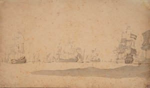 荷兰舰队卧倒，可能于 1672 年 5 月，约 1672 年（石墨，灰水彩） 作者 威廉·范·德·维尔德·韦尔德