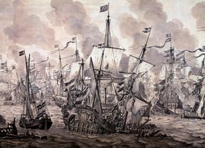 荷兰和瑞典舰队之间的海峡之战，1658 年 11 月 8 日。细节 - 油画和水墨画