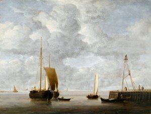 约 1665 年，荷兰霍克在码头附近停泊的船只（面板上的油画）