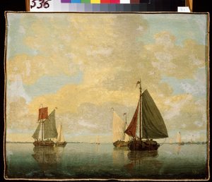 帆船。小威廉-凡-德-维尔德（1633-1707 年）的画作。布面油画，24.5 x 32.5 厘米，17 世纪晚期。佛兰德艺术，巴洛克风格。圣彼得堡冬宫博物馆。