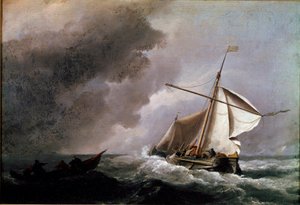 荷兰船降下风帆等待救生船 年轻的威廉-范-德-维尔德（1633-1707）的画作 1660年 太阳。23,2x33,2厘米 伦敦，国家画廊