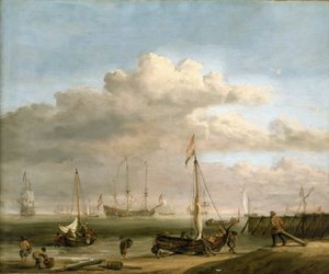 通往 Marsdiep 和 Den Helder 的荷兰海岸和渔船。布面油画，约 1690 年，作者威廉-凡-德-维尔德（1633-1707 年）。